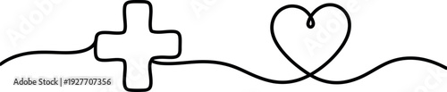 Continuous single black line drawing of a medical cross and a heart symbol on a white background