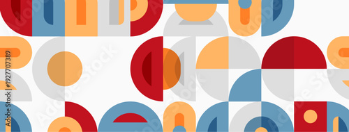 Geometric pattern features overlapping circles, semicircles, squares. Colors include red, orange, blue, gray, beige. Modern design.