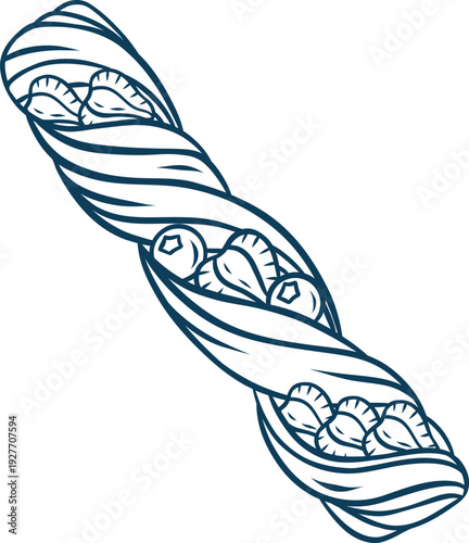 French spiral puff pastry with strawberries and blueberries in blue line doodle style. Minimalist vector for recipe cards or dessert packaging