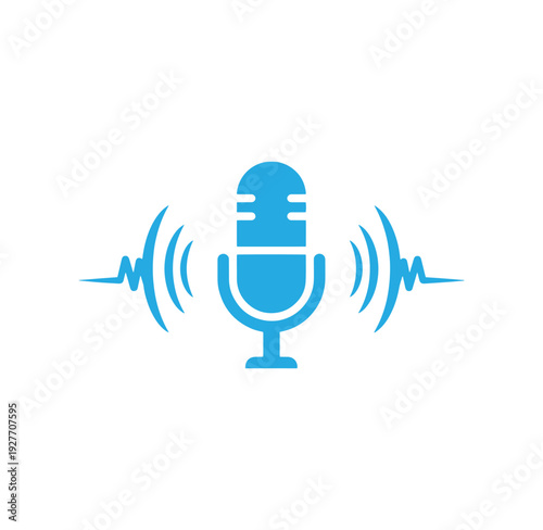 Blue microphone icon with sound waves on white background for audio recording or podcasting