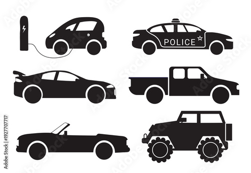 a car, a set of flat icons. types of city cars isolated on a white background. black models, side view. for print, postcards, banners, children clothing. art png illustration.