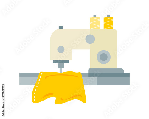 Industrial sewing machine with yellow fabric icon flat vector design
