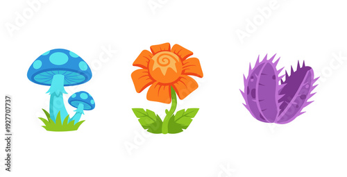 Fantasy Magic Plants Collection Featuring Blue Spotted Mushrooms Orange Spiral Flower and Purple Spiky Alien Flora Isolated on White Background