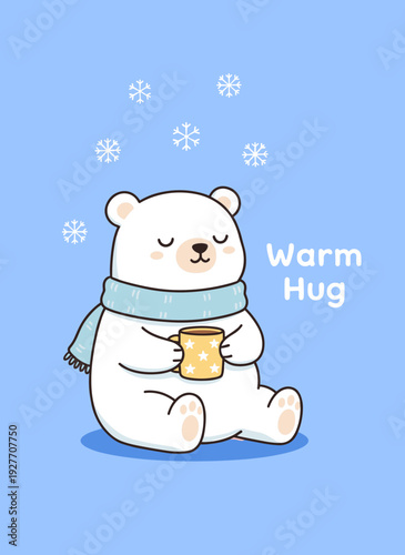 Adorable Polar Bear Character Wearing a Scarf and Holding a Star Patterned Mug Sitting under Falling Snowflakes with Warm Hug Inspirational Text