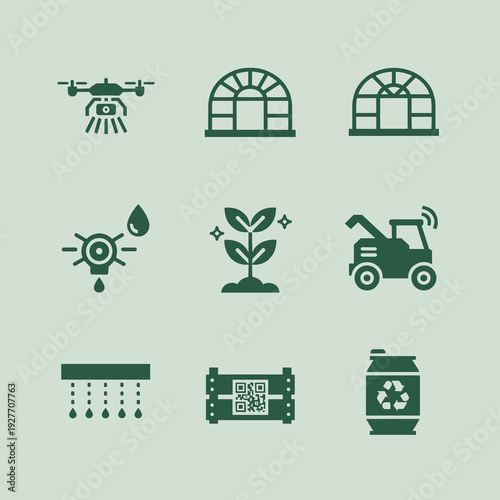 Agricultural Technology Icons Featuring Farming Drone Greenhouse Smart Irrigation System Harvester and Recycling Bin for Sustainable Farming Concept