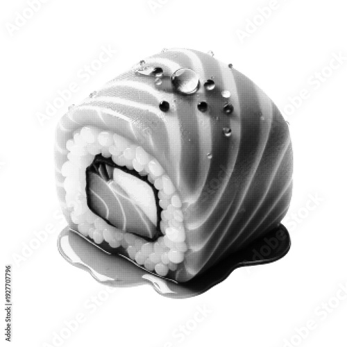 Sushi roll isolated on white background. Japanese maki with rice and filling in black and white halftone style. Asian cuisine, seafood meal, restaurant menu concept.