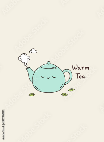 Adorable Cyan Teapot Character with Smiling Face and Steaming Spout for Warm Tea Time Relaxation and Healthy Herbal Drink Concept Illustration