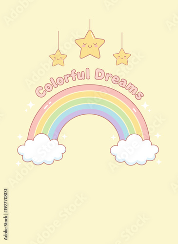Magical Rainbow with Cute Clouds and Hanging Smiling Stars for Colorful Dreams Concept Children Nursery Art and Positive Vibes Illustration
