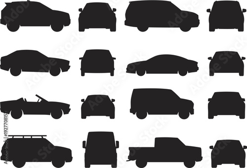 Comprehensive set of car silhouettes featuring various vehicle types like SUV, sedan, convertible, pickup truck, and van for transport icons.