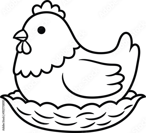 Hen nesting in straw nest vector illustration, black line art sitting chicken on eggs for farm Easter spring kids and rural