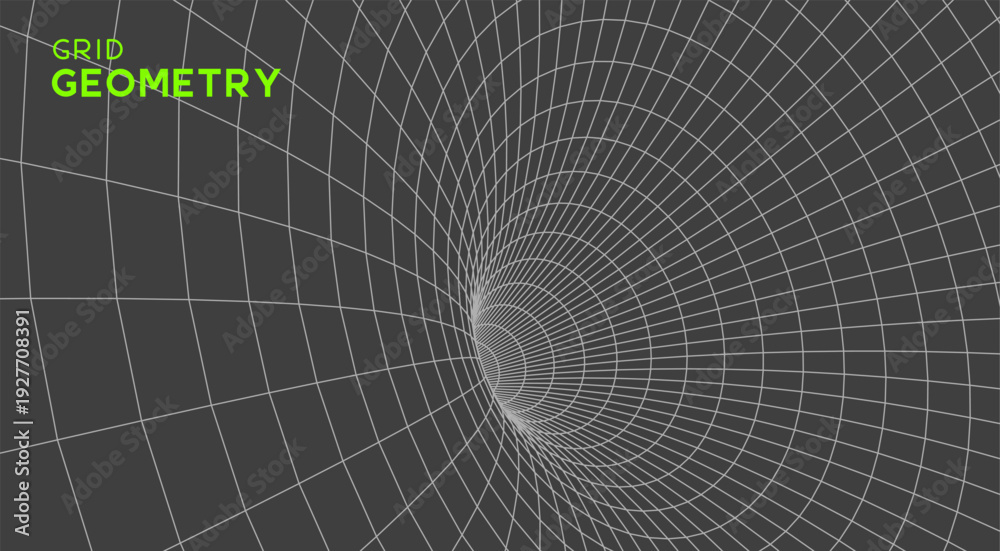 Fototapeta premium Abstract geometric 3D wireframe mesh tunnel with perspective grid lines in minimalist black and white style for technology, business, science and digital network designs, futuristic vector.