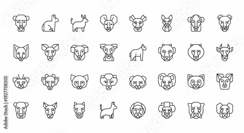 Collection of diverse animal face icons featuring a variety of species, presented in a clean, line-art style for versatile use