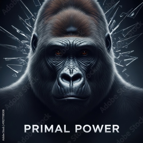 Close-up of a powerful gorilla's face with shattered glass and primal power text