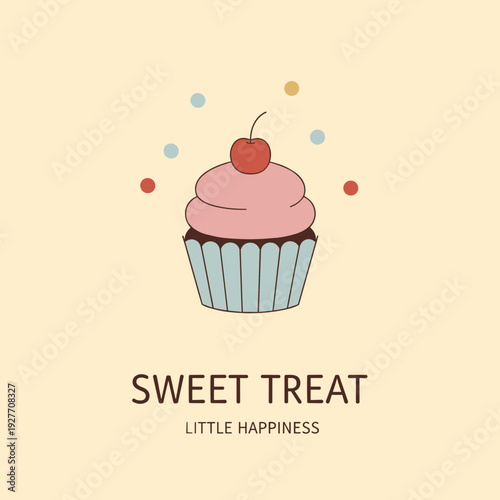 Delicious cupcake with pink frosting and cherry on top with sweet treat little happiness text, bakery and dessert vector illustration for cafe