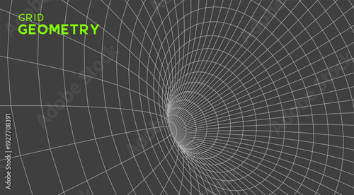 Abstract geometric 3D wireframe mesh tunnel with perspective grid lines in minimalist black and white style for technology, business, science and digital network designs, futuristic vector.