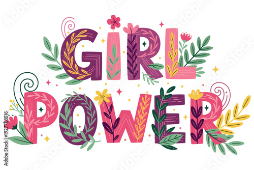 Decorative women empowerment and Women’s Day lettering compositions typography with floral and doodle elements