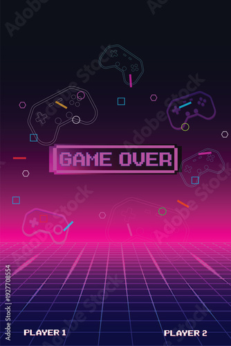Game Over, Retro games for game assets in retro futuristic sci-fi background vector illustration. Glowing neon from an old arcade