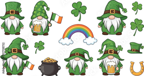 St. Patrick's Day Gnomes and Irish Symbols Collection. Cute Cartoon Leprechaun Characters and Festive Elements Vector Illustration Set.