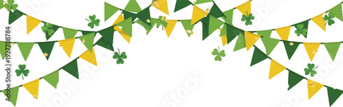 St. Patrick's Day celebration background illustration with green shamrocks, gold confetti, and bunting flags vector