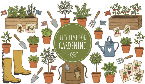 It's time for gardening vector illustration set, cute potted plants crates tools watering can apron boots herbs motivational garden spring designs