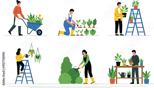 People gardening activities vector illustration set, colorful flat style wheelbarrow planting pruning ladder care for spring hobby nature and lifestyle designs