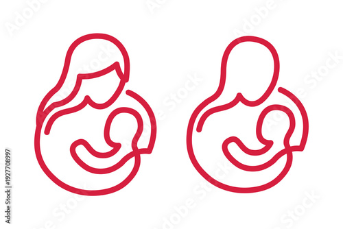 Minimalist red line art mother and father with baby icon for maternal care and family bonding