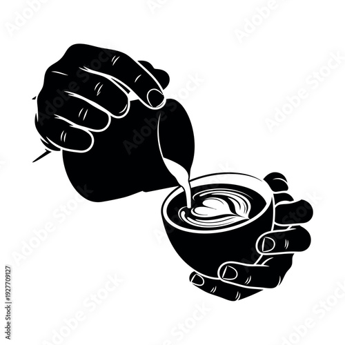 Hand Pouring Milk into Cappuccino Cup Black Silhouette Illustration