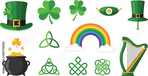 St. Patrick's Day Irish Symbols Icons Set Vector Illustration. Collection of shamrock, leprechaun hat, pot of gold, rainbow, and Celtic knots.