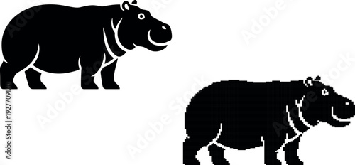 A simple black silhouette of a smiling hippopotamus on transparent background