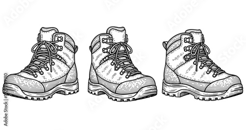 Detailed black and white illustration of three hiking boots with laces and treaded soles
