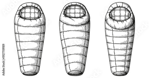 Three vintage sleeping bags with quilted patterns in monochrome engraving style