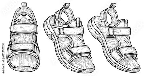 Black and white sketch of three casual sandals with velcro straps