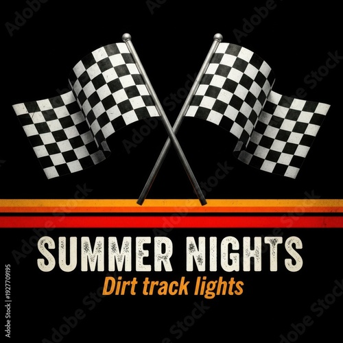 Crossed checkered flags on poles summer nights dirt track lights racing