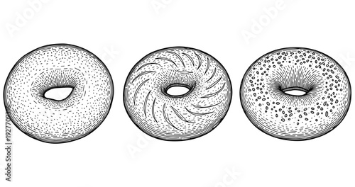 Illustrated variety of bagels with textured patterns