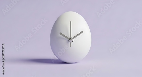 A white egg shaped clock on a light purple background with silver hands