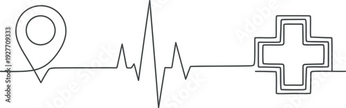 Continuous line drawing of a location pin, heartbeat pulse line, and medical cross symbol in black on a white background