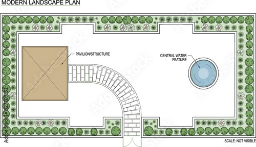 Modern landscape plan vector illustration, pavilion curved brick path central fountain water feature shrub borders for contemporary garden yard architecture designs