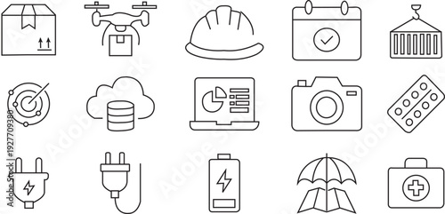 Diverse collection of modern, clean line icons representing various industries and services for digital and print applications