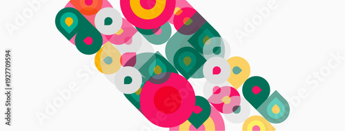 Abstract colorful circles, squares, shapes overlap. Bright hues create dynamic visual pattern. Minimalist design, modern aesthetic.
