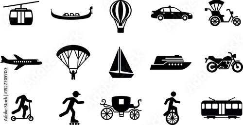 Transport and travel glyph icon collection. Includes cable car, gondola, hot air balloon, car, rickshaw, airplane, parachute, sailboat, cruise ship, motorcycle, scooter, roller skates, carriage