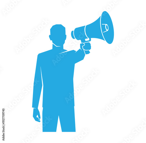 blue silhouette of a man holding a megaphone to his mouth standing alone