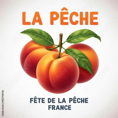 Vibrant 3D peaches with leaves on white background for La Pêche festival in France
