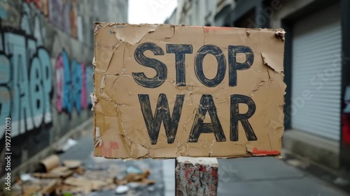 Handwritten stop war sign on cardboard sitting in a dirty alley with graffiti on the walls