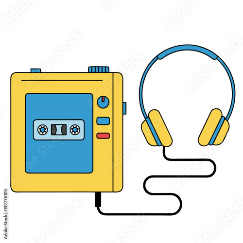 Retro Portable Cassette Tape Player and Headphones Flat Illustration