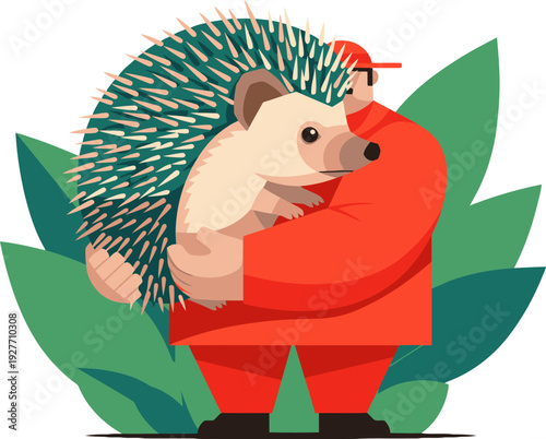 A friendly professional wildlife handler cradles a hedgehog, showcasing a heartwarming and charming promotional layout. Bright colors and a playful style.