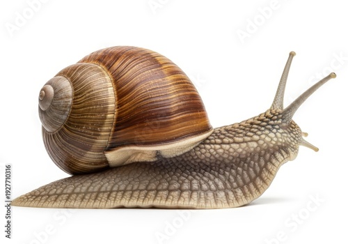 Terrestrial gastropod mollusk displays textured shell and extended eyestalks against a white background