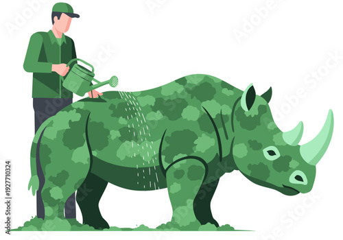 A gardener waters a rhino-shaped urban garden sculpture. Vibrant green and modern design. Perfect for nature, sustainability, and urban themes.