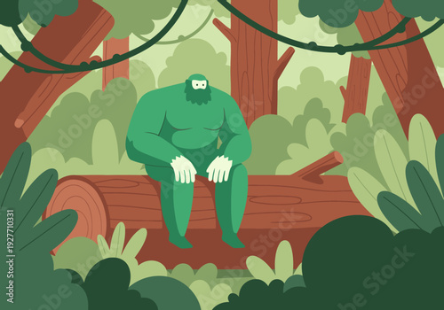 A giant green Bigfoot relaxes on a log in a lush jungle setting.  'Ecological Balance' text overlay. Vibrant, illustrative style.