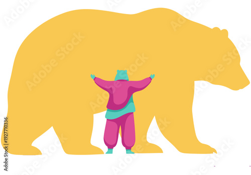 A giant, friendly bear embraces a small child in a colorful, protective gesture. Vibrant illustration promoting wildlife conservation. Bold, playful design.