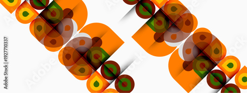 Abstract pattern features repeating orange shapes. Concentric circles, brown accents create dynamic visual texture. Clean white background enhances design.